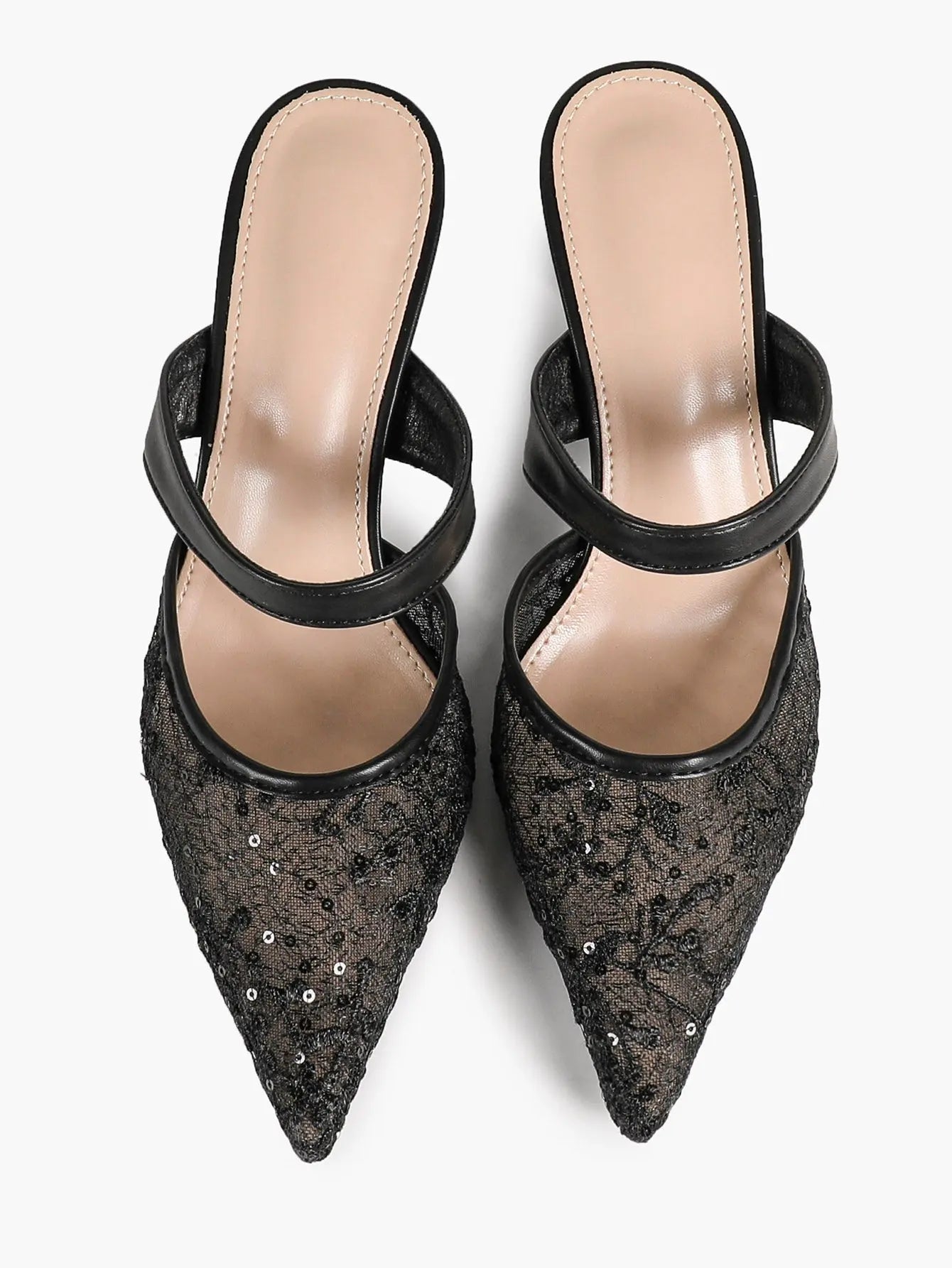 Black Sequin Lace Double Strap Kitten Heel  – Women's Pointed Toe Goblet Heel Slip-On YISHIFAN