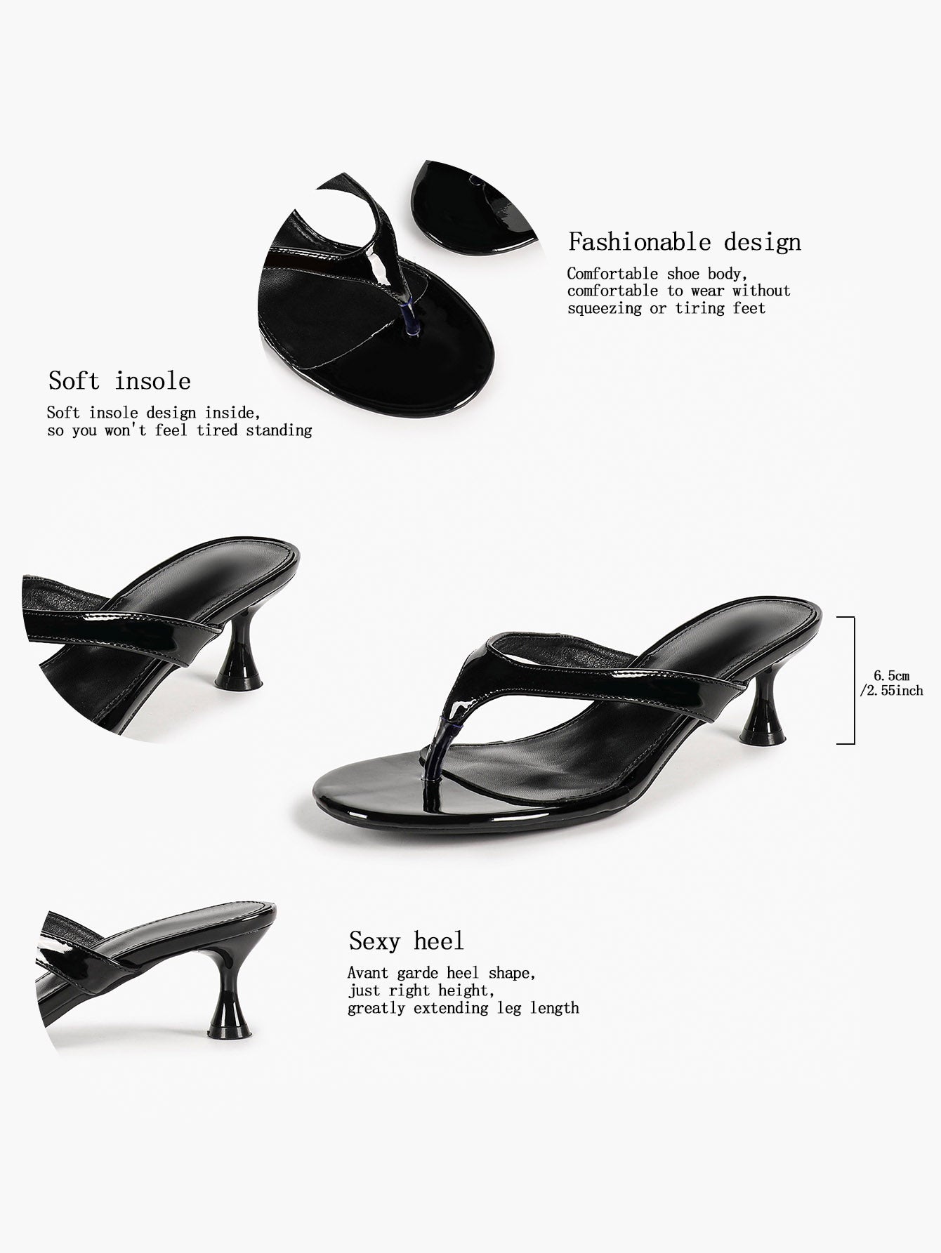 Black Patent Leather Thong Strap Stiletto Mules Backless Kitten Heels Party Date Shoes