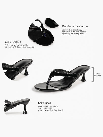 Black Patent Leather Thong Strap Stiletto Mules Backless Kitten Heels Party Date Shoes