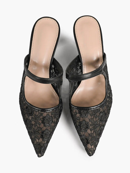Black Floral Lace Mary Jane Kitten Heel Mules – Women's Pointed Toe Goblet Heel Slip-On YISHIFAN