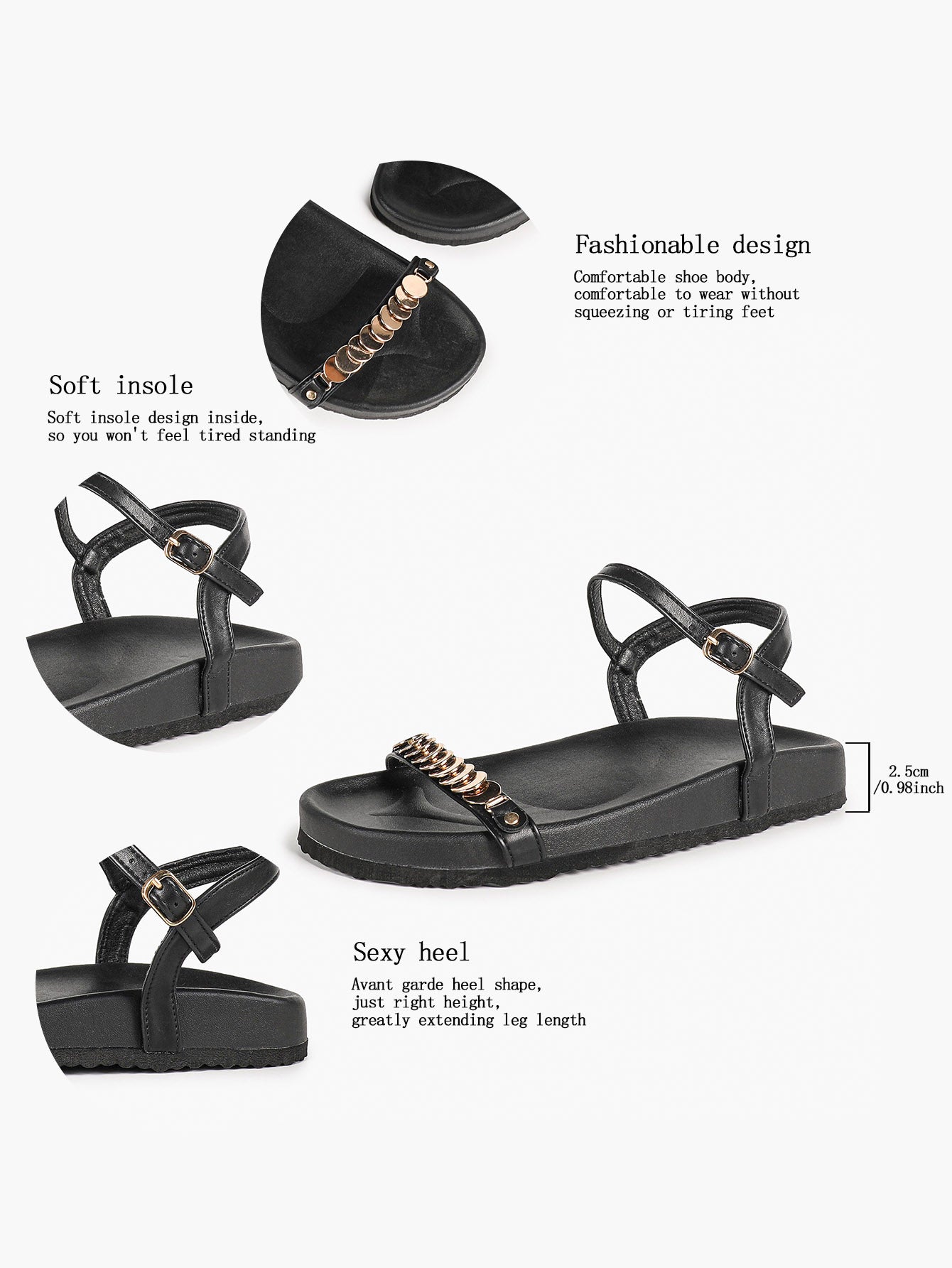 Black Flat Sandals with Gold-Tone Coin Detail and Adjustable Ankle Strap