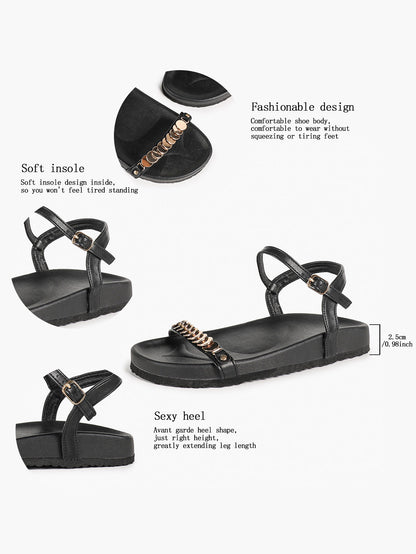 Black Flat Sandals with Gold-Tone Coin Detail and Adjustable Ankle Strap
