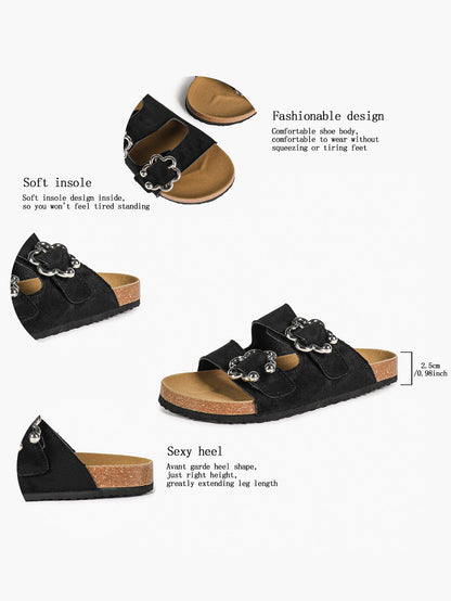 Black Suede Two-Strap Sandals with Silver Floral Buckles for Casual Summer Days