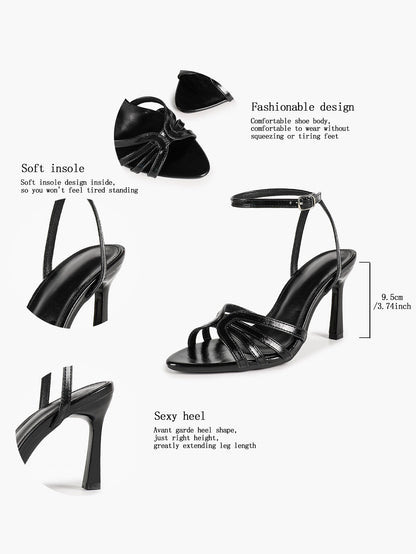 Women's Black Patent Knotted Strap Ankle Strap Block Heels Open Toe Dress Shoes