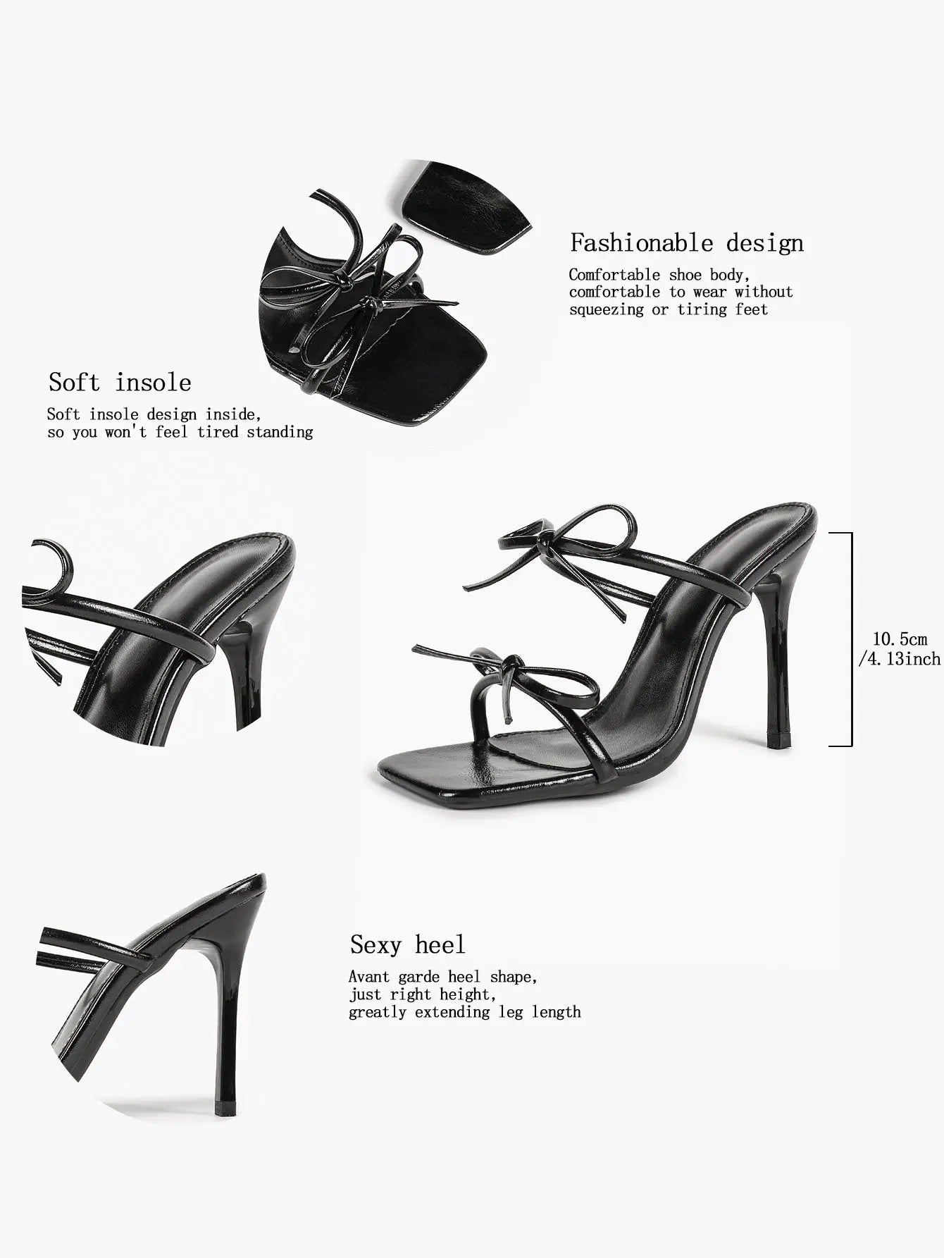 "Noir Bow" Patent Leather Bow-Detail Strappy Mule Stilettos – 10.5cm Square-Toe High Heels YISHIFAN