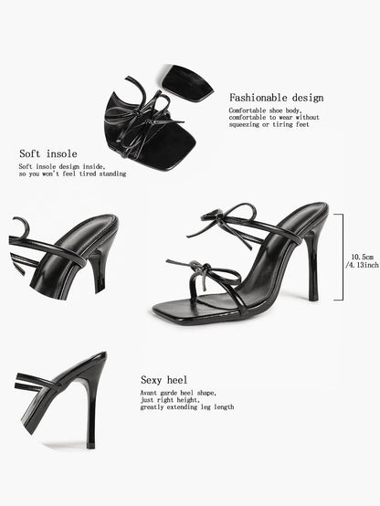 "Noir Bow" Patent Leather Bow-Detail Strappy Mule Stilettos – 10.5cm Square-Toe High Heels YISHIFAN