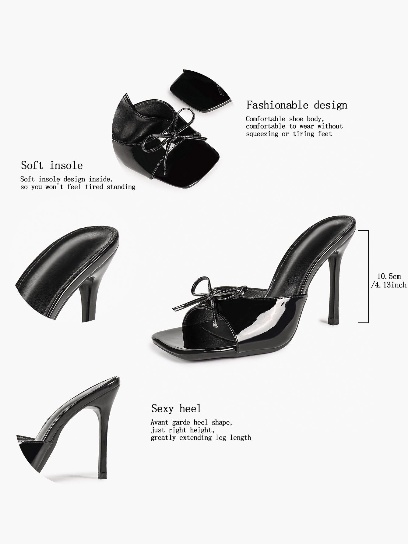 Black Patent Stiletto Mules - Square Toe with Cute Bow & Durable Sole