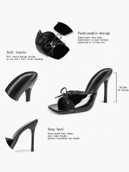 Black Patent Stiletto Mules - Square Toe with Cute Bow & Durable Sole