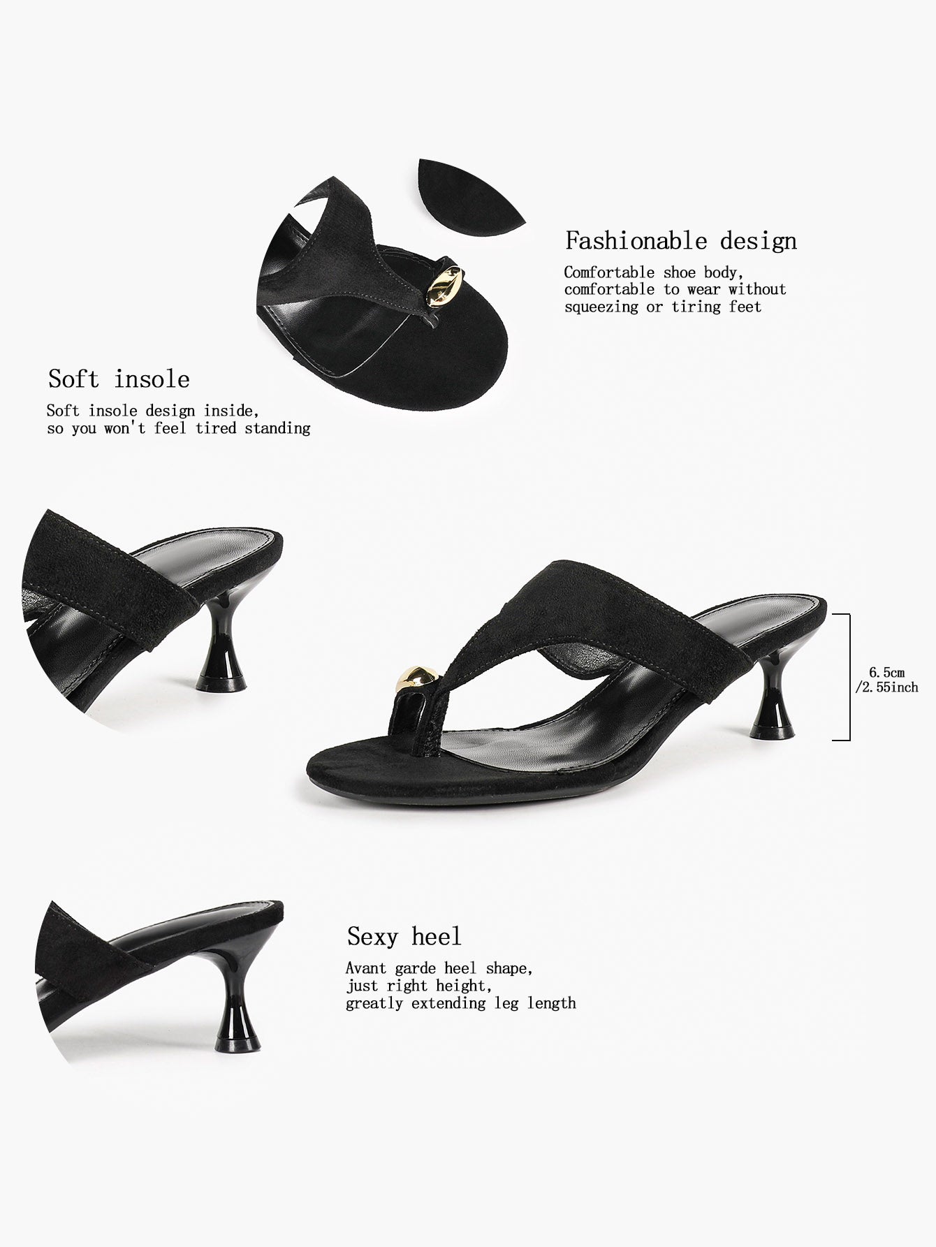 Black Suede Toe Post Heeled Sandals Wide Band Backless Mules with Gold Hardware Vacation