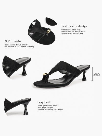 Black Suede Toe Post Heeled Sandals Wide Band Backless Mules with Gold Hardware Vacation
