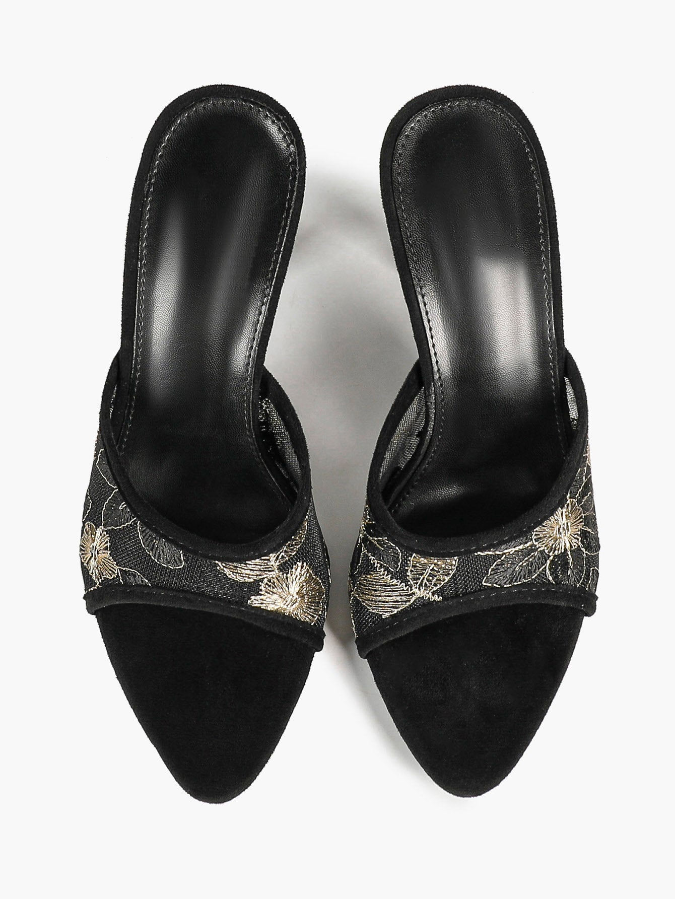 Beige Glitter Mesh Floral Embroidery Stiletto Mules Open Toe Slip-On Evening Party Club Shoes