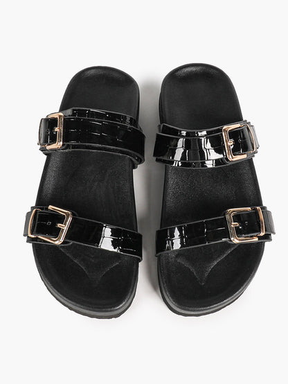 White Double-Buckle Platform Slide Sandals with Gold-Tone Hardware