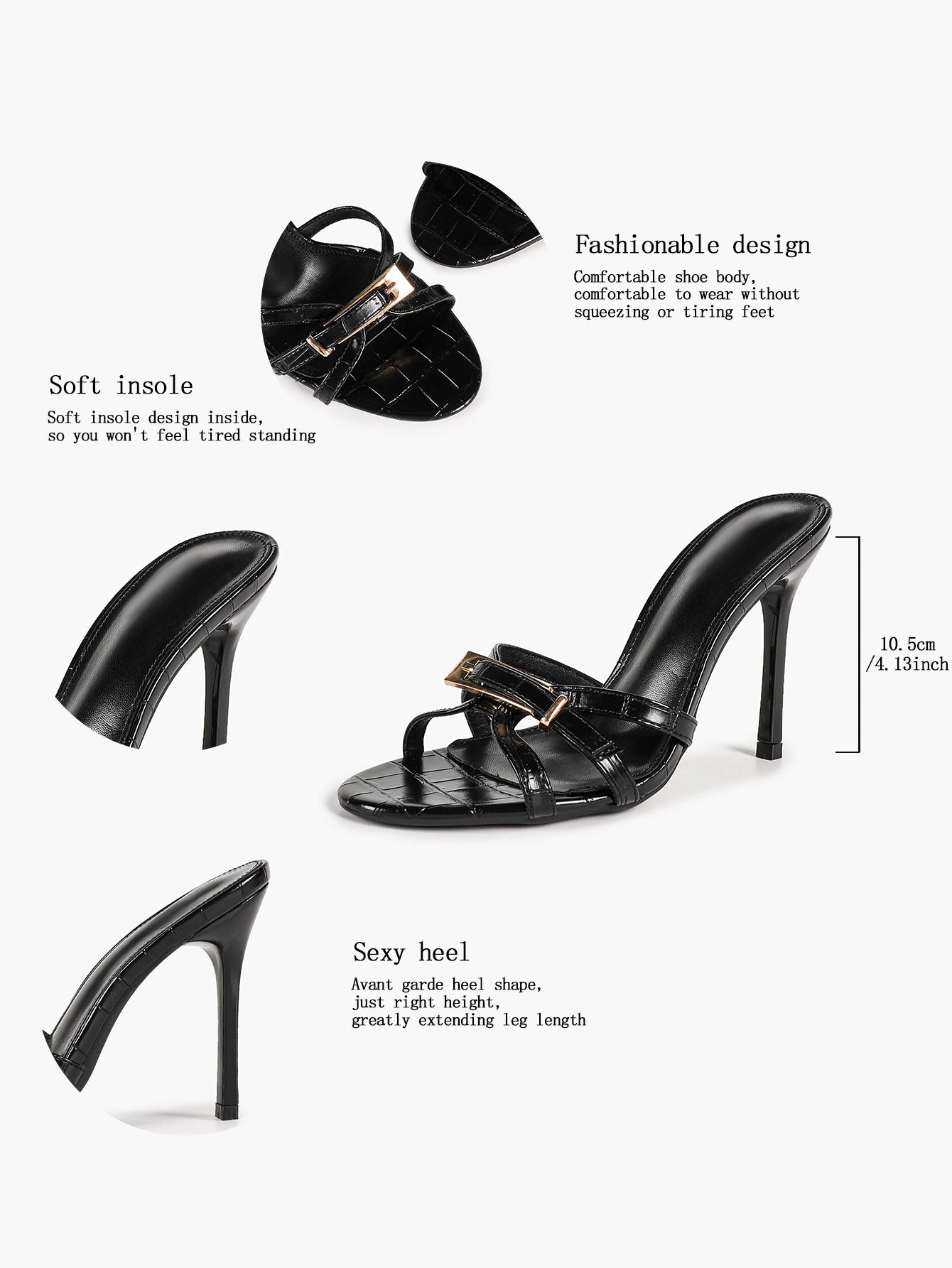 Black Croc Embossed Statement Buckle Stiletto Mules Slip-On Open Toe Party Shoes