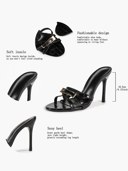 Black Croc Embossed Statement Buckle Stiletto Mules Slip-On Open Toe Party Shoes