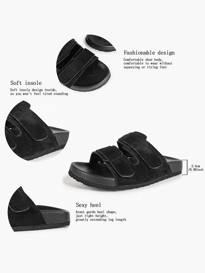 Black Suede-Effect Double-Strap Velcro Slide Sandals with Cushioned Sole