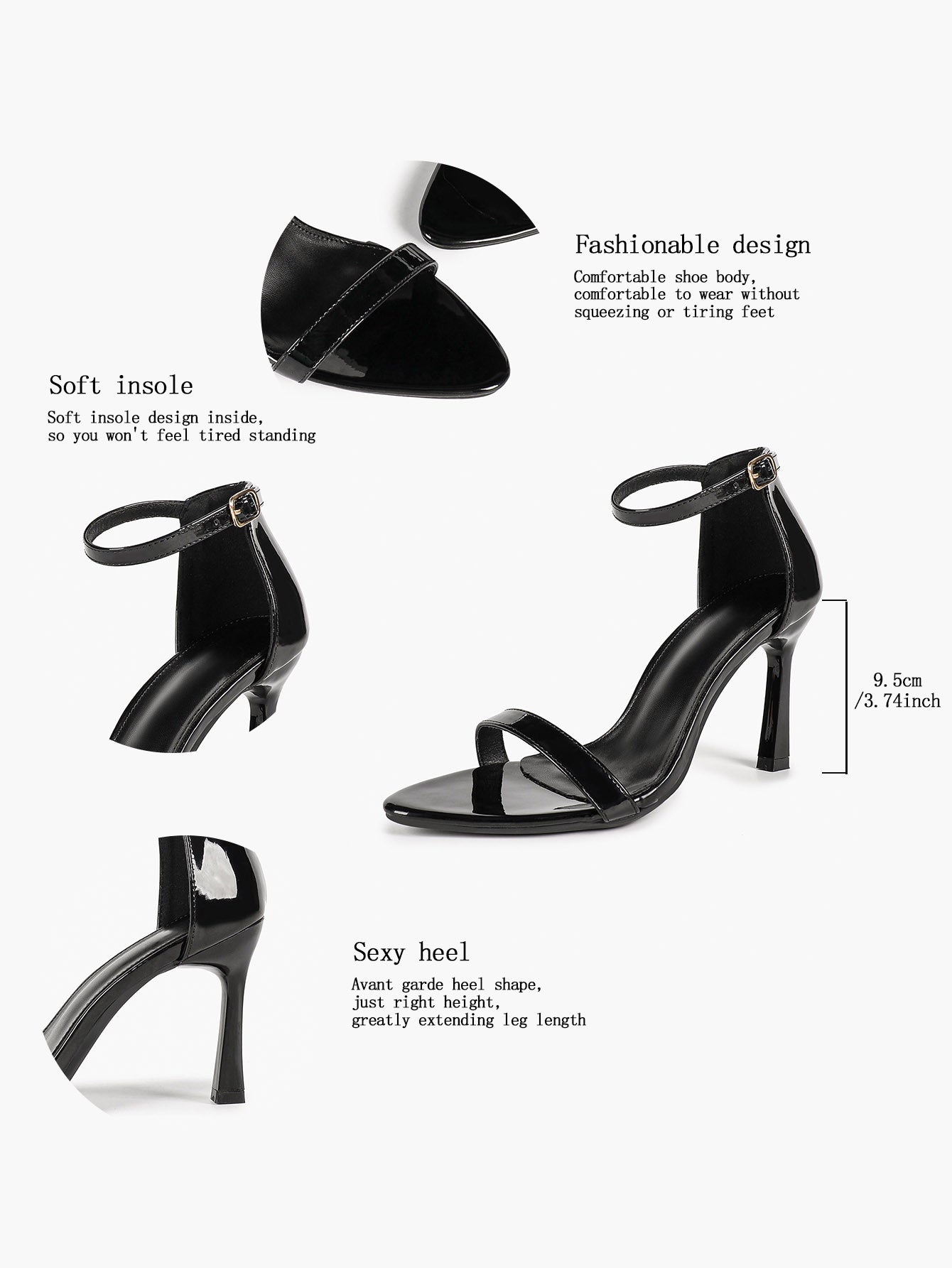 Black Patent Single Strap Stiletto Sandals Pointed Open Toe Ankle Buckle Heels Elegant Minimalist Shoes