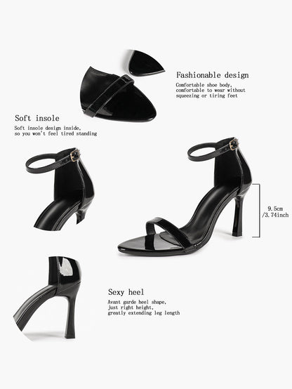 Black Patent Single Strap Stiletto Sandals Pointed Open Toe Ankle Buckle Heels Elegant Minimalist Shoes