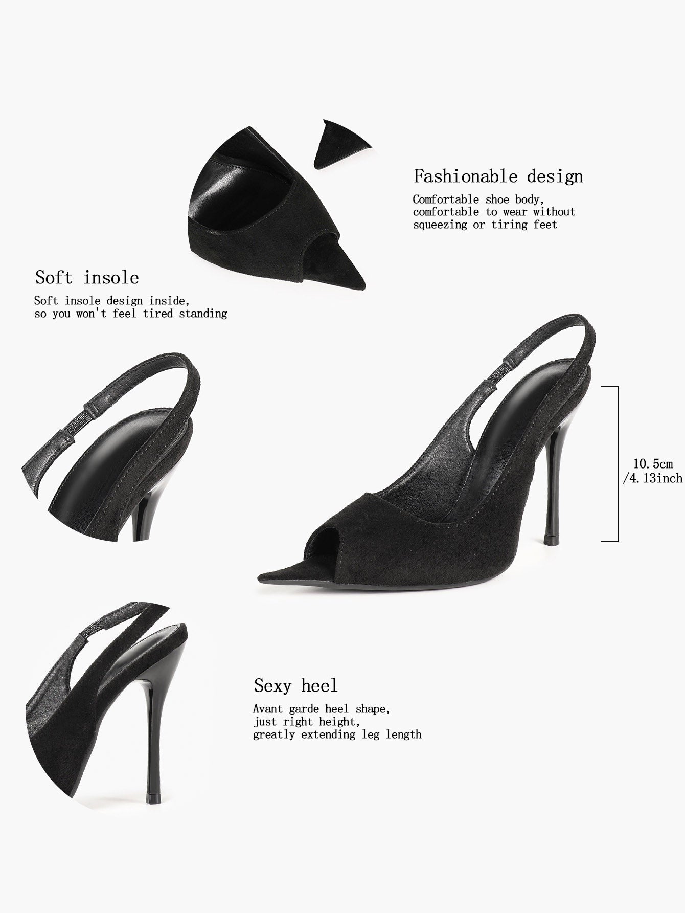 Women's Black Suede Pointed Peep Toe Stiletto Slingback Pumps Elastic Strap Office Shoes