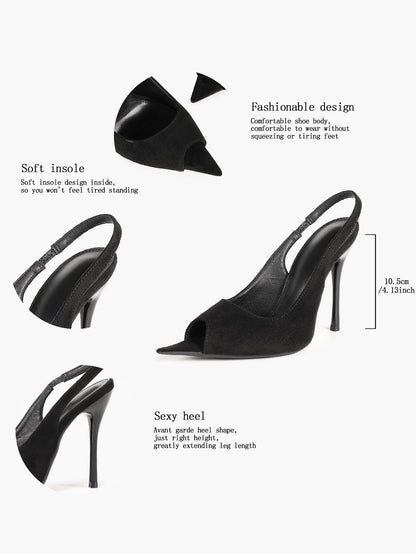 Women's Black Suede Pointed Peep Toe Stiletto Slingback Pumps Elastic Strap Office Shoes