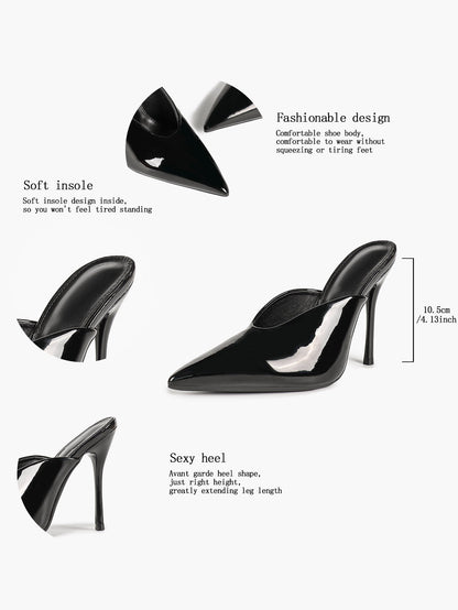 Trendy Black Patent Stiletto Mules - Pointed Toe Slip-On Heels for Modern Chic