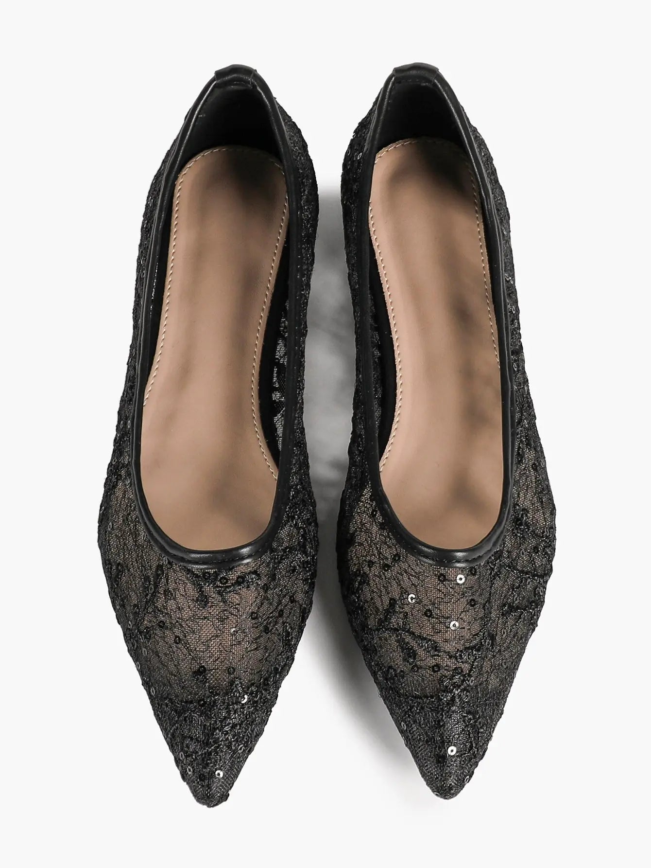 Wine Red Sequin Lace Mesh Pointed Toe Flats – Women's Floral Embroidery Ballet Flat with Iridescent Shimmer YISHIFAN