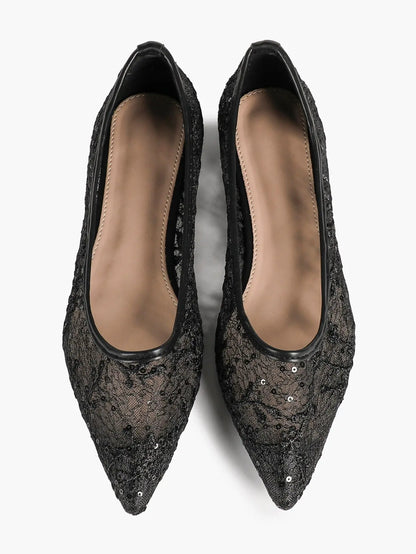 Wine Red Sequin Lace Mesh Pointed Toe Flats – Women's Floral Embroidery Ballet Flat with Iridescent Shimmer YISHIFAN