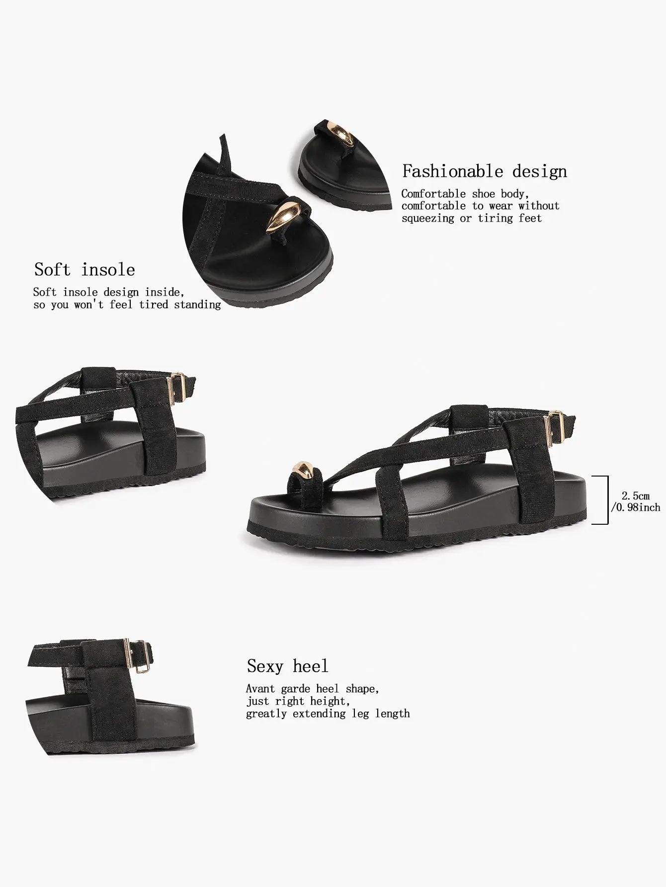 Women's Flat Platform Ankle Strap with Gold Hardware Black Crossover Toe Ring Sandals YISHIFAN