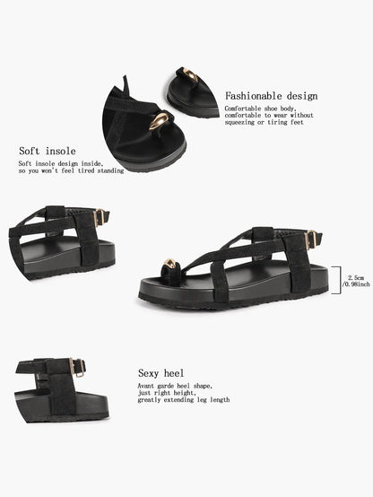 Women's Flat Platform Ankle Strap with Gold Hardware Black Crossover Toe Ring Sandals YISHIFAN