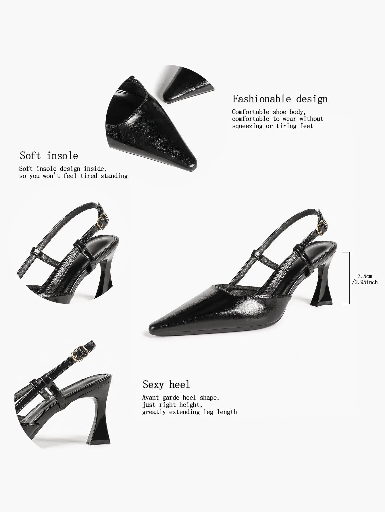 Black Pointed Toe Slingback Pumps 7.5CM Sculptural Heel Adjustable Ankle Strap Dress Shoes YISHIFAN