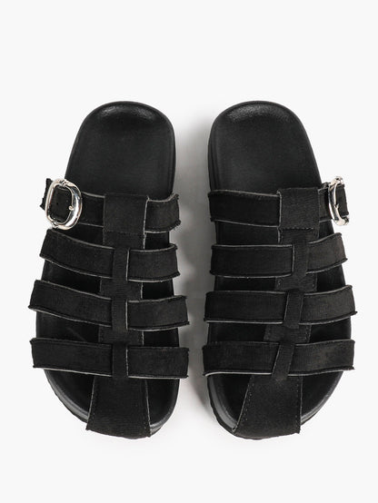 Camel Suede Woven Cage Slides with Silver-Tone Buckle Detail