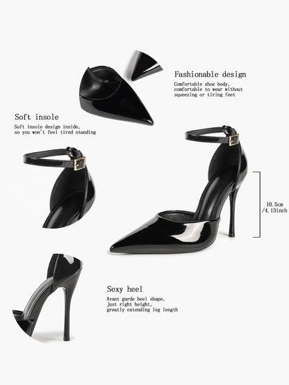 "Noir Edge" Patent Leather Pointed-Toe Ankle Strap D'Orsay Stilettos YISHIFAN