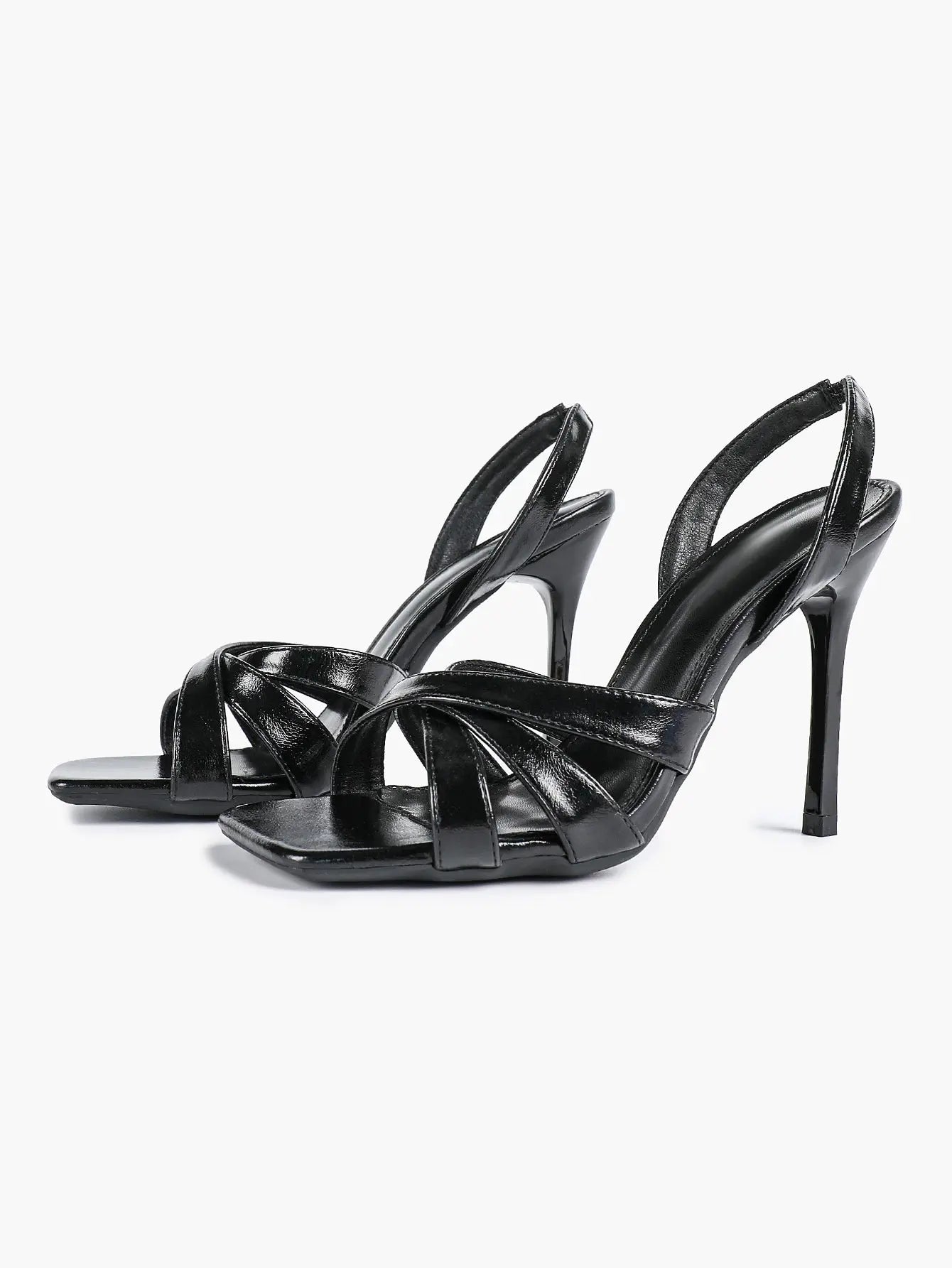 Women's White Leather Square-Toe Stiletto Heels Slingback Heels 3.74 Inch Cross-Strap Stiletto Sandals YISHIFAN