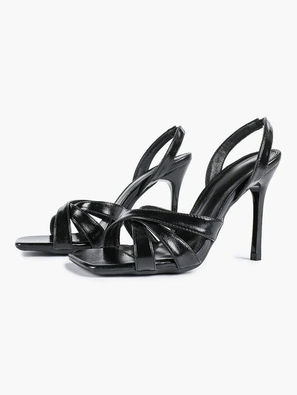 Women's White Leather Square-Toe Stiletto Heels Slingback Heels 3.74 Inch Cross-Strap Stiletto Sandals YISHIFAN