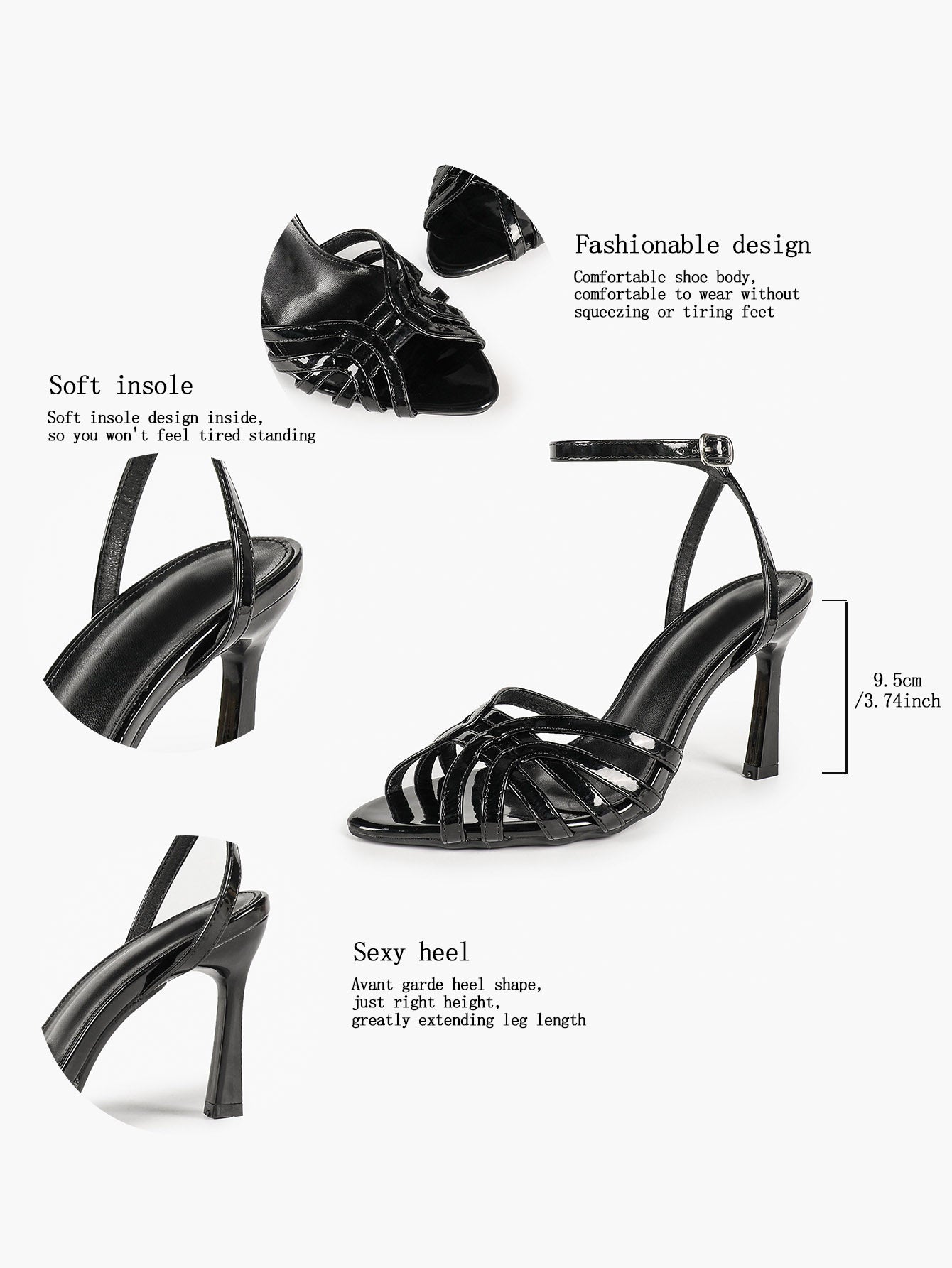 Black Patent Multi-Strap Stilettos Ankle Strap Open Toe Heeled Sandals Party Night Out Shoes
