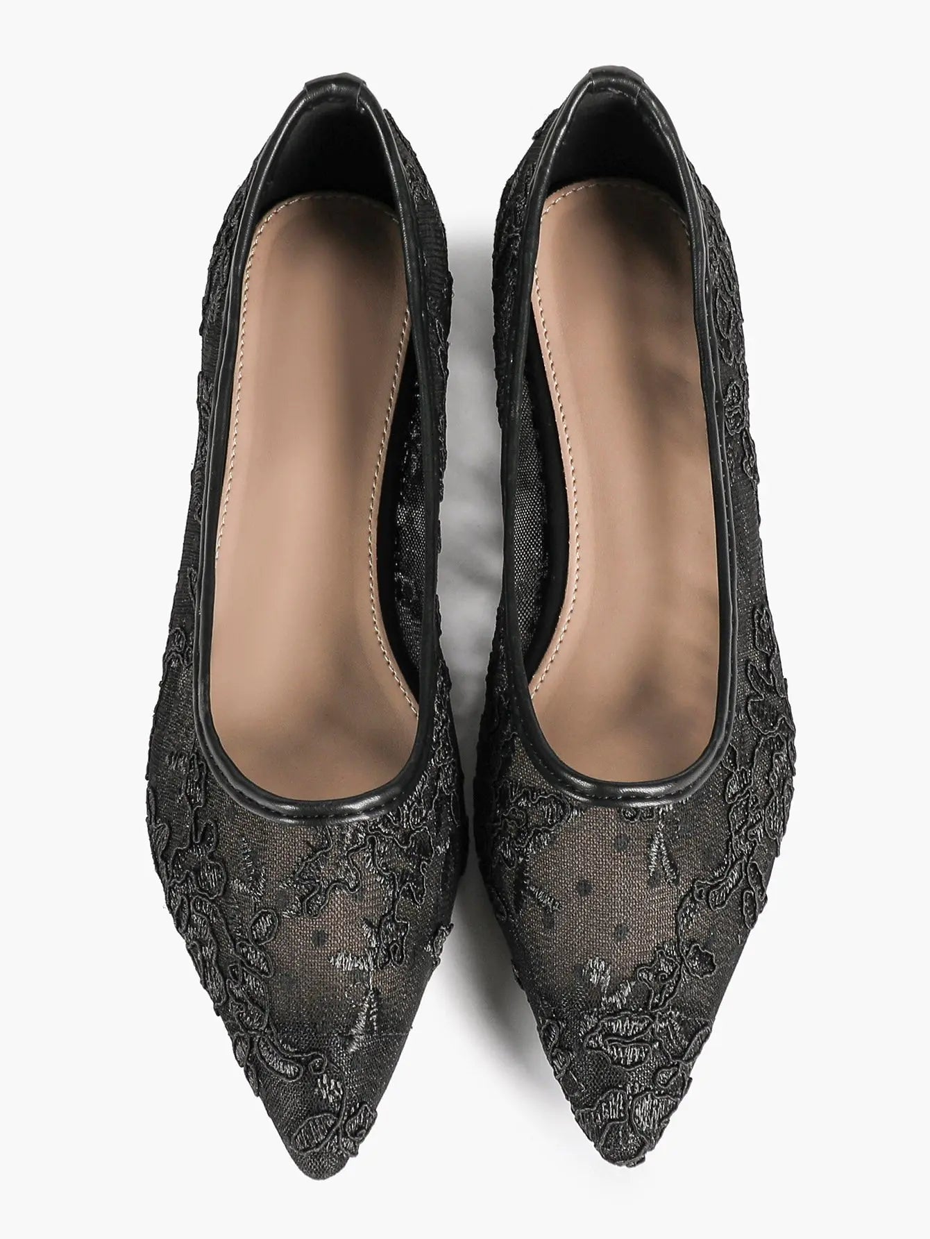 Black Lace Mesh Pointed Toe Flats Sheer Ballet Floral Embroidery YISHIFAN