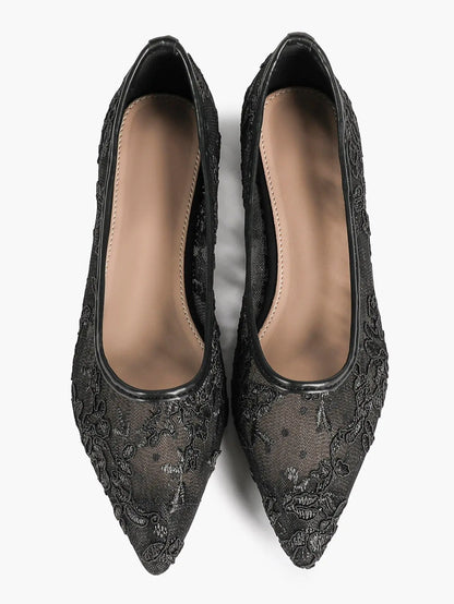 Black Lace Mesh Pointed Toe Flats Sheer Ballet Floral Embroidery YISHIFAN