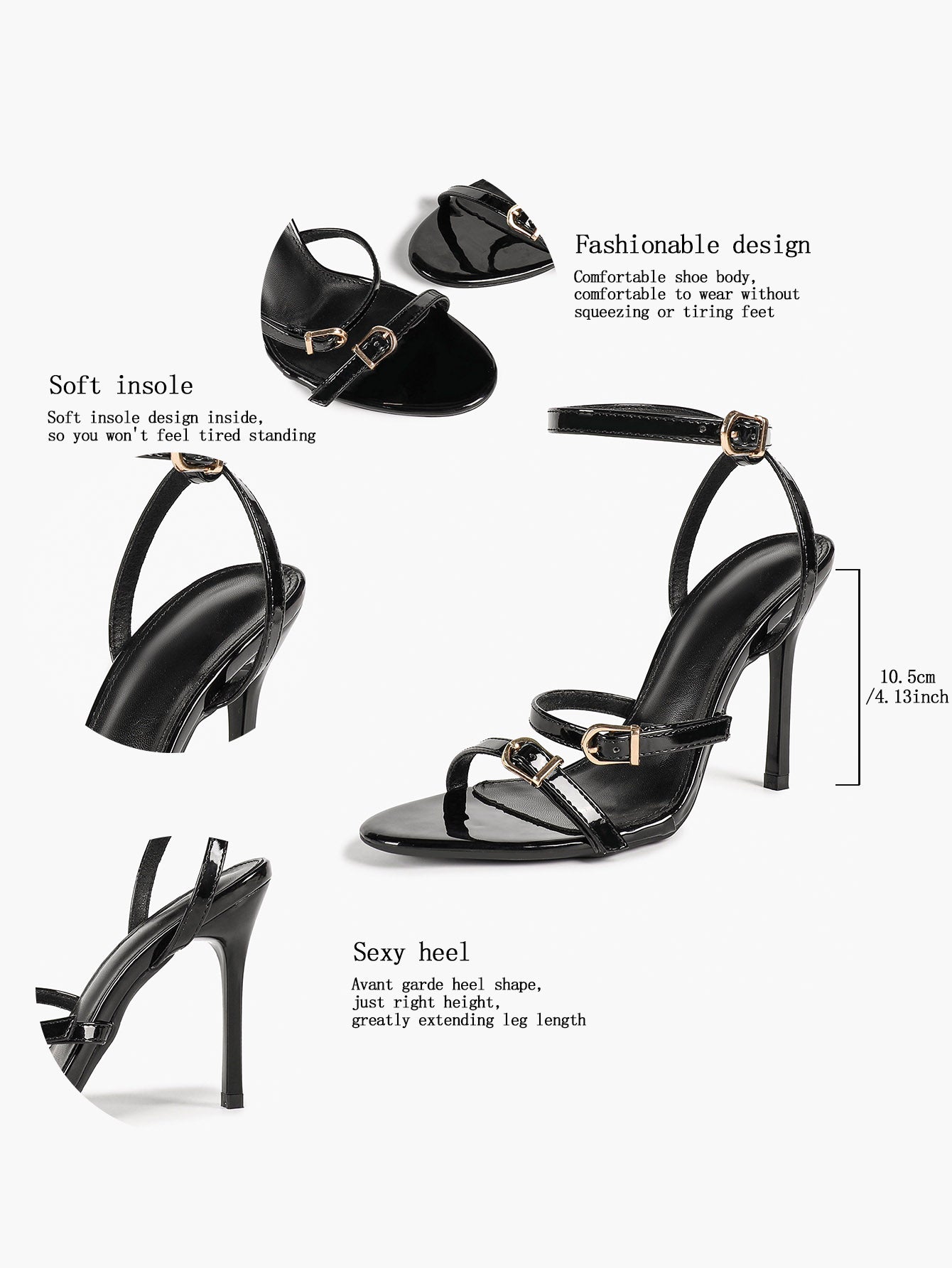 Black Patent Leather Open Toe Stiletto Sandals Ankle Strap with Double Buckles Tiered Heels Chic Daily Wear