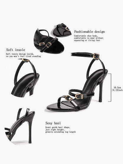 Black Patent Leather Open Toe Stiletto Sandals Ankle Strap with Double Buckles Tiered Heels Chic Daily Wear