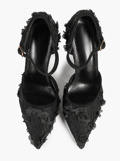 Chic White 3D Lace Stiletto Pumps - Pointed Toe Ankle Strap Heels with Floral Appliqué