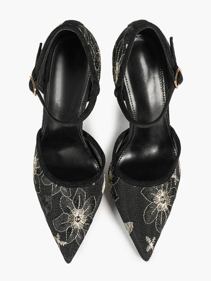 Sparkly Lace Pointed Toe Heels - 4.13" Ankle Strap Pumps with Non-Slip Sole