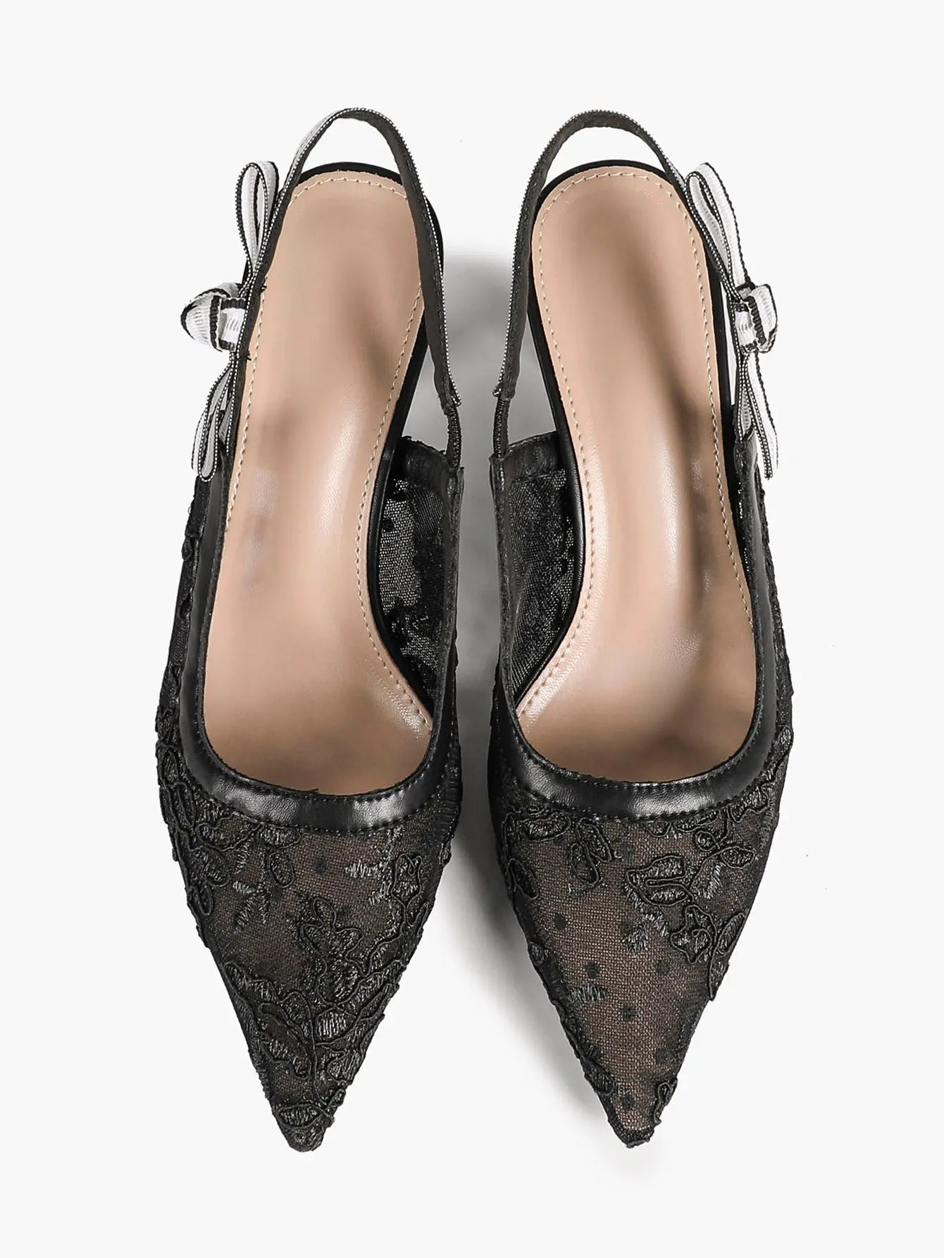 White Floral Embroidery Slingback Kitten Heels – Women's Pointed Toe Goblet Heel YISHIFAN