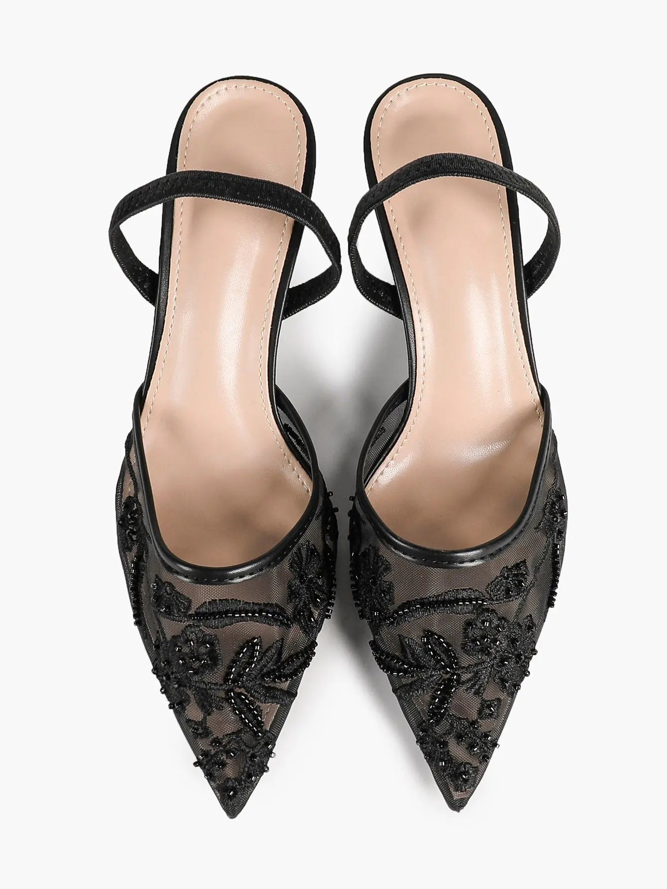 Black Mesh Floral Bead Embroidery Slingback Kitten Heels – Women's Pointed Toe Goblet Heel Mule YISHIFAN