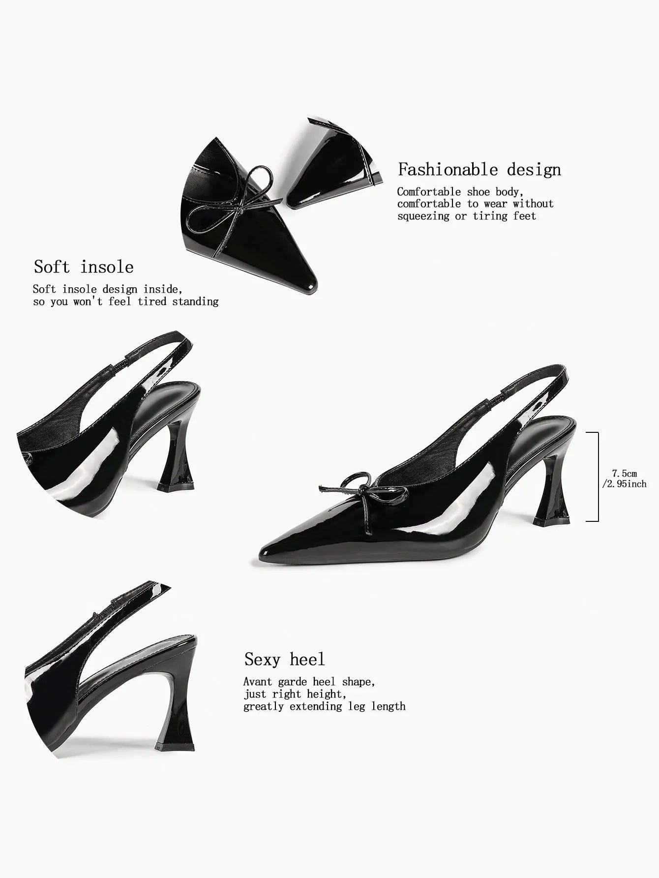 Women's Bow Slingback Pumps Patent Leather Pointed Toe Chunky High Heels Dress Shoes YISHIFAN