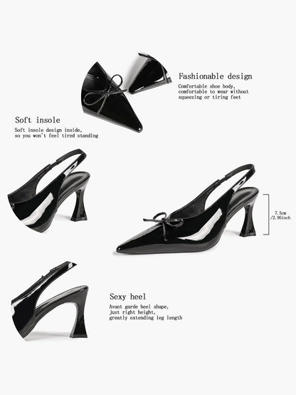 Women's Bow Slingback Pumps Patent Leather Pointed Toe Chunky High Heels Dress Shoes YISHIFAN