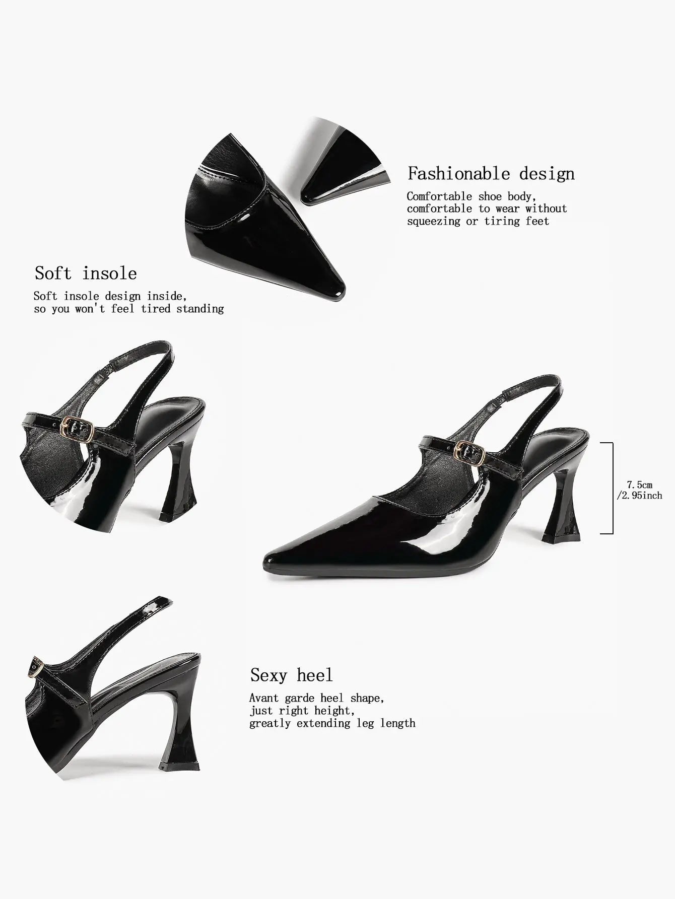 Black Slingback Pumps Patent Leather Pointed Toe Chunky High Heels Dress Shoes YISHIFAN