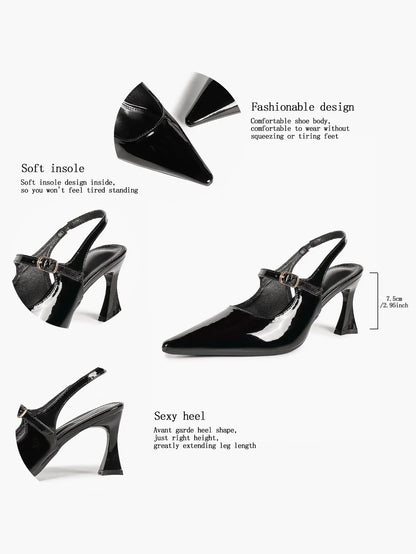 Black Slingback Pumps Patent Leather Pointed Toe Chunky High Heels Dress Shoes YISHIFAN