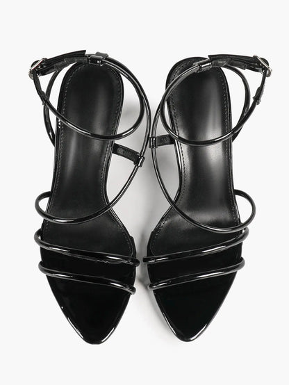 Cognac Multi-Strap Square Toe Stiletto Sandals – Women’s Tubular Toe Strap Ankle Strap Heels YISHIFAN