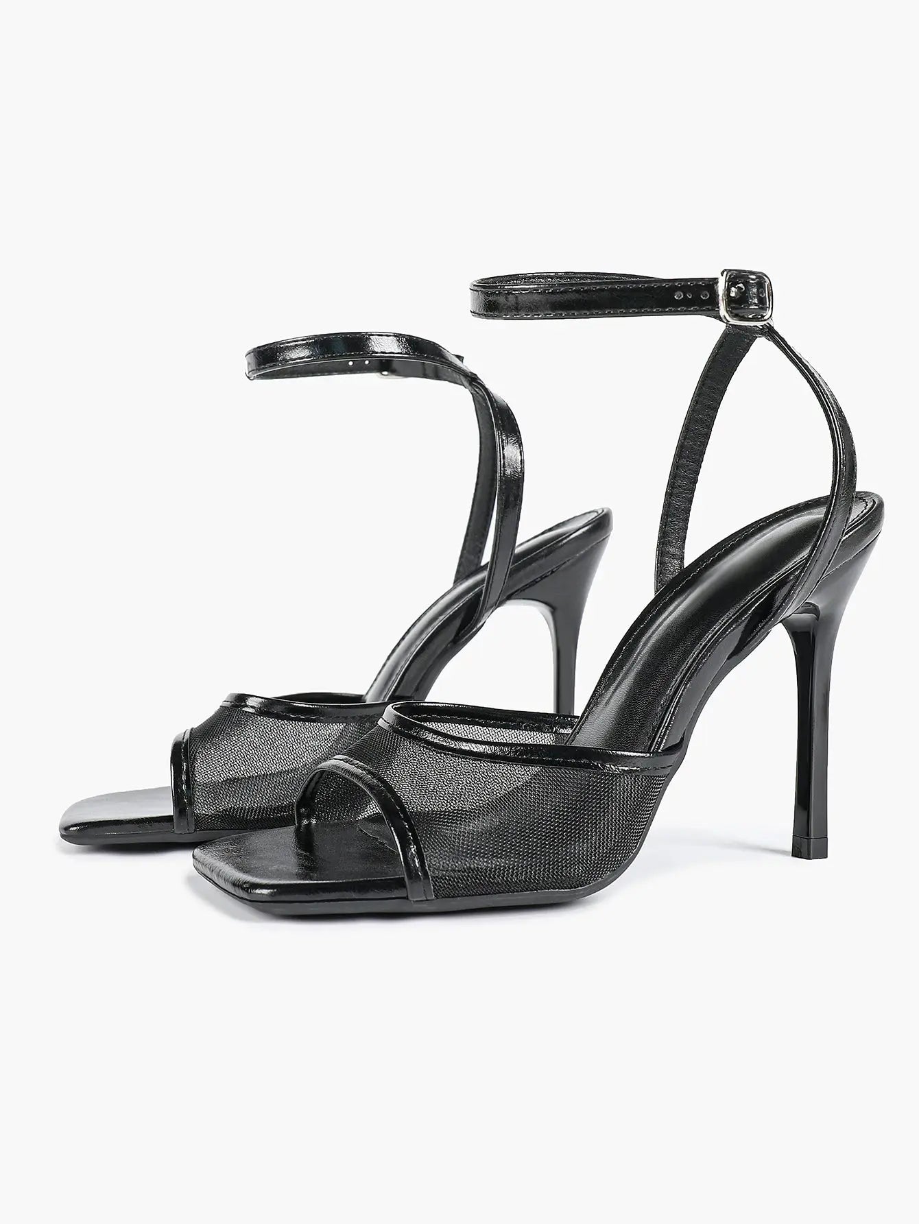 Women's Leather Mesh Ankle Strap Sandals Stiletto Heels Square Toe with 4.13 Inch Heel YISHIFAN