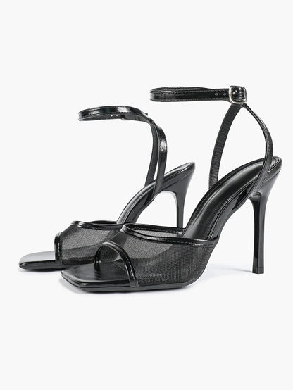 Women's Leather Mesh Ankle Strap Sandals Stiletto Heels Square Toe with 4.13 Inch Heel YISHIFAN