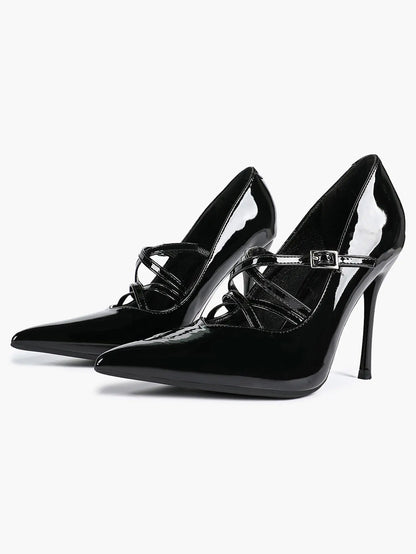 Burgundy Leather Stiletto Heels Sharp Pointed Toe Cross Strap Pump 4.13 INCH for Party Wedding Shoes YISHIFAN